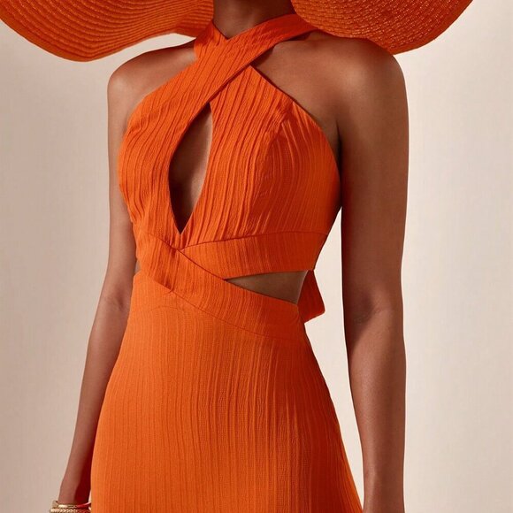 Orange Sexy Women's Casual Vacation Cross Halter Neck Hollow Backless Dress - Picture 7 of 7